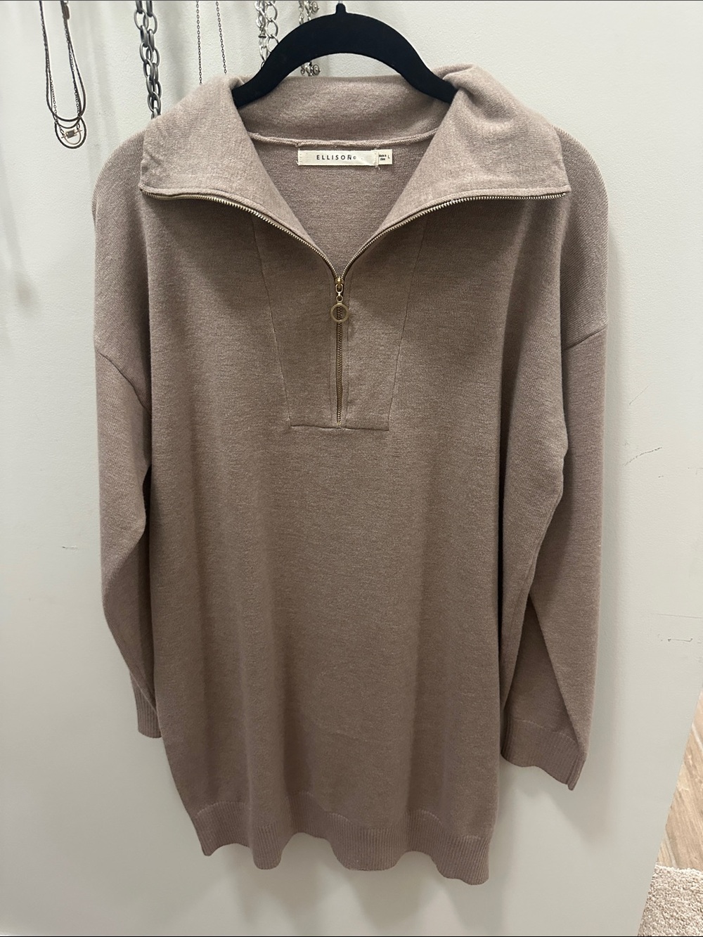 Ellison Men's Zip-Neck Sweater in Taupe with Gold Zipper